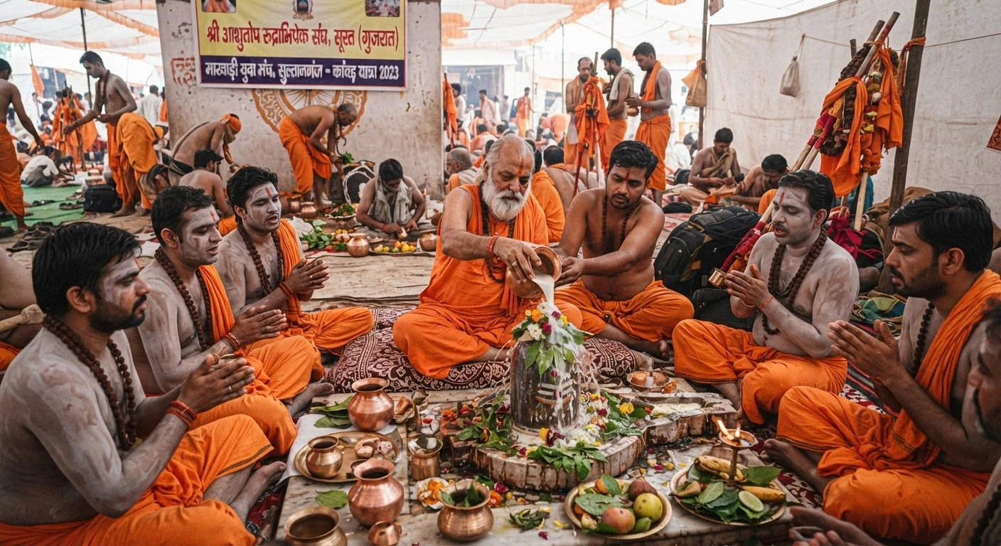 सूरत से सुल्तानगंज पहुंचे शिव भक्त: यात्रा के दौरान हर दिन करेंगे 4.5 घंटे रुद्राभिषेक