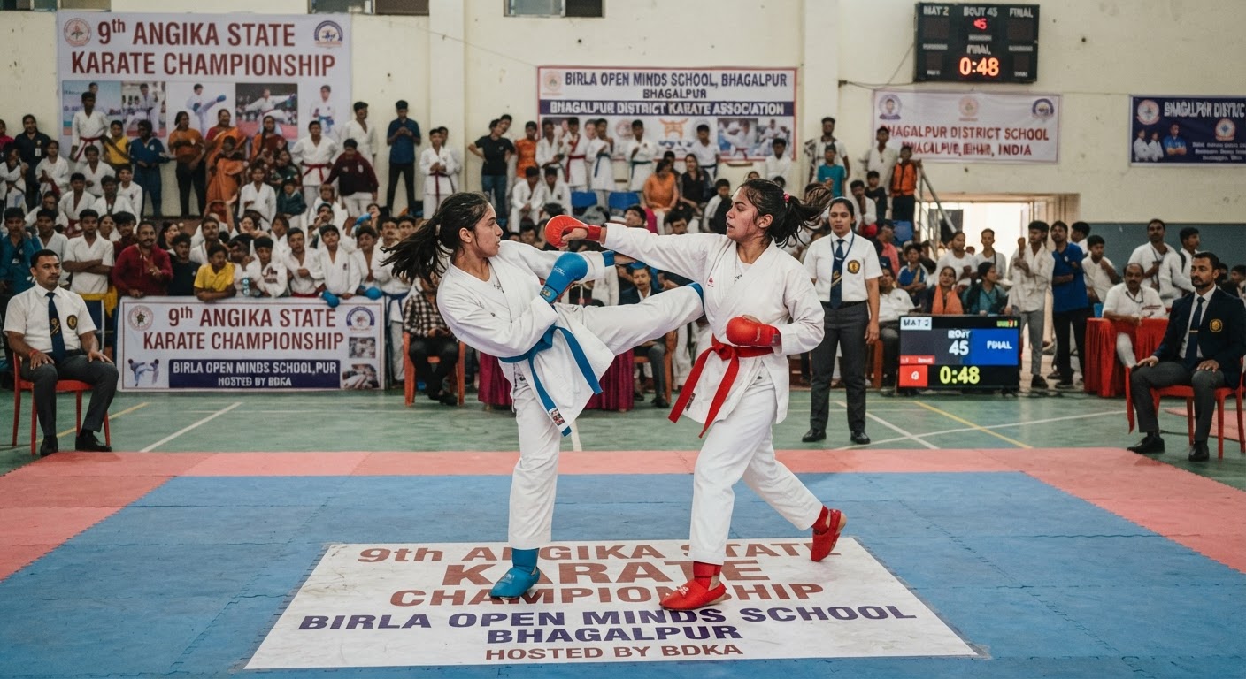 भागलपुर: बिड़ला ओपन माइंड्स स्कूल में अंगिका स्टेट कराटे चैंपियनशिप का शानदार आयोजन, खिलाड़ियों ने जीते गोल्ड