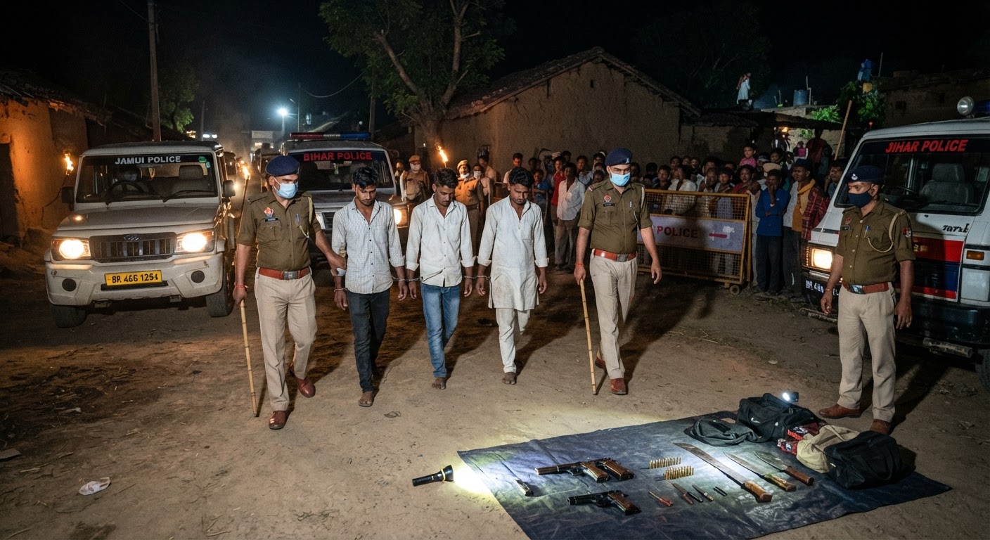 जमुई पुलिस की बड़ी कार्रवाई: भारी मात्रा में हथियार बरामद, 4 अपराधी गिरफ्तार