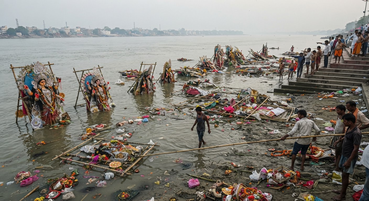 सावधान! गंगा में मूर्तियों के अवशेष छोड़ने पर भड़के लोग, नगर निगम की बड़ी लापरवाही आई सामने