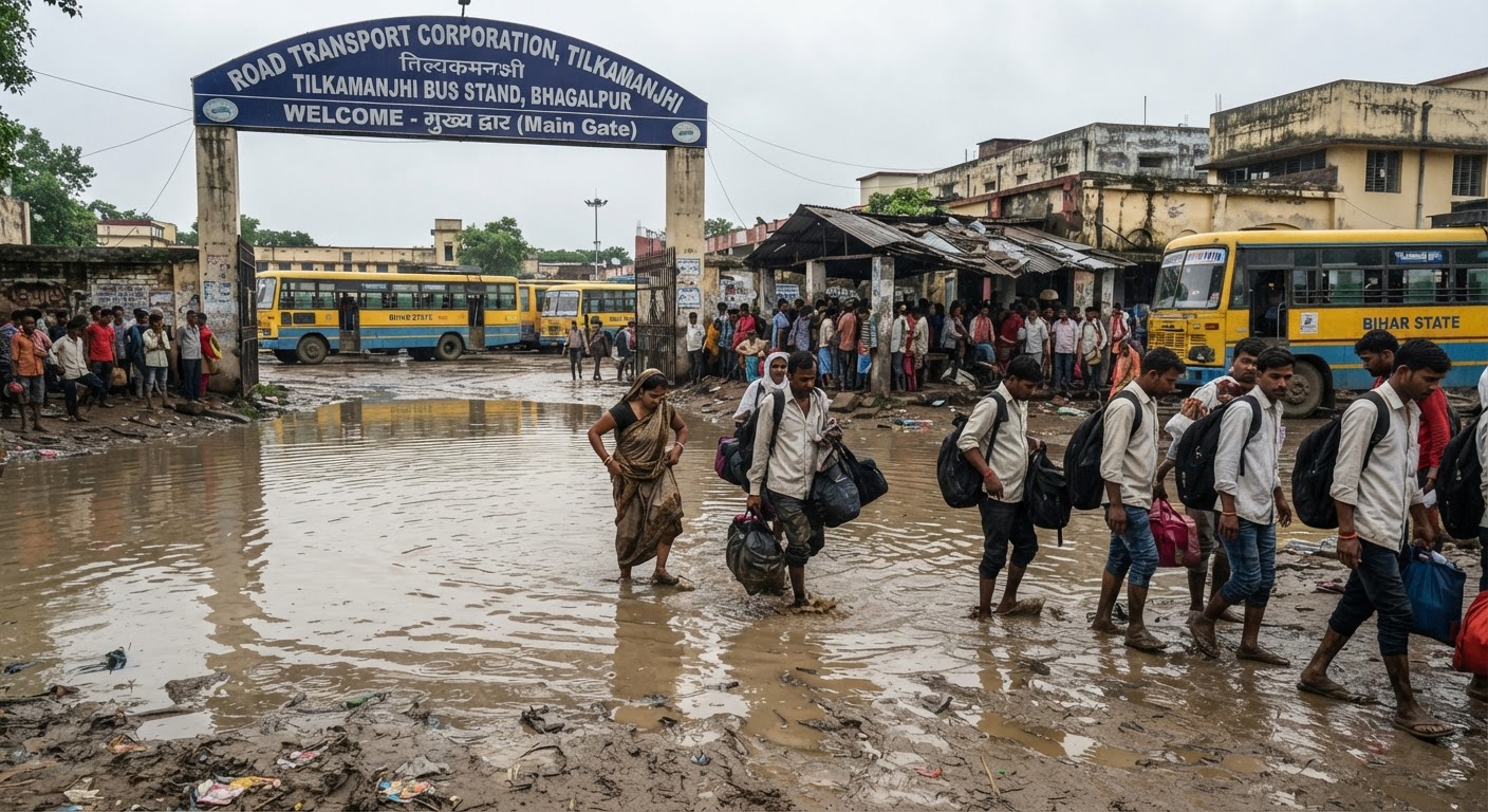 शर्मनाक! तिलकामांछी बस स्टैंड में जलभराव और कीचड़ से यात्री परेशान