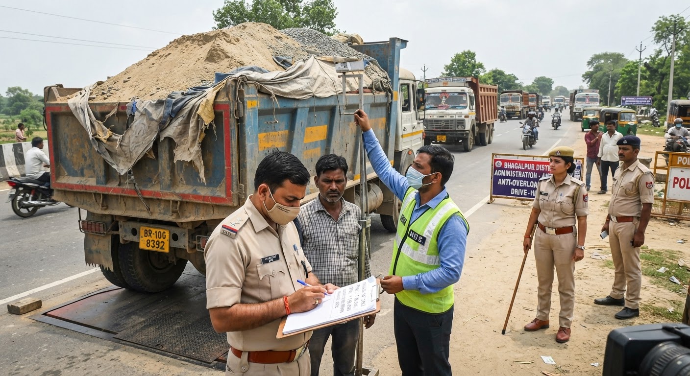 भागलपुर में ओवरलोड ट्रकों पर बड़ी कार्रवाई, 1.98 लाख जुर्माना वसूला