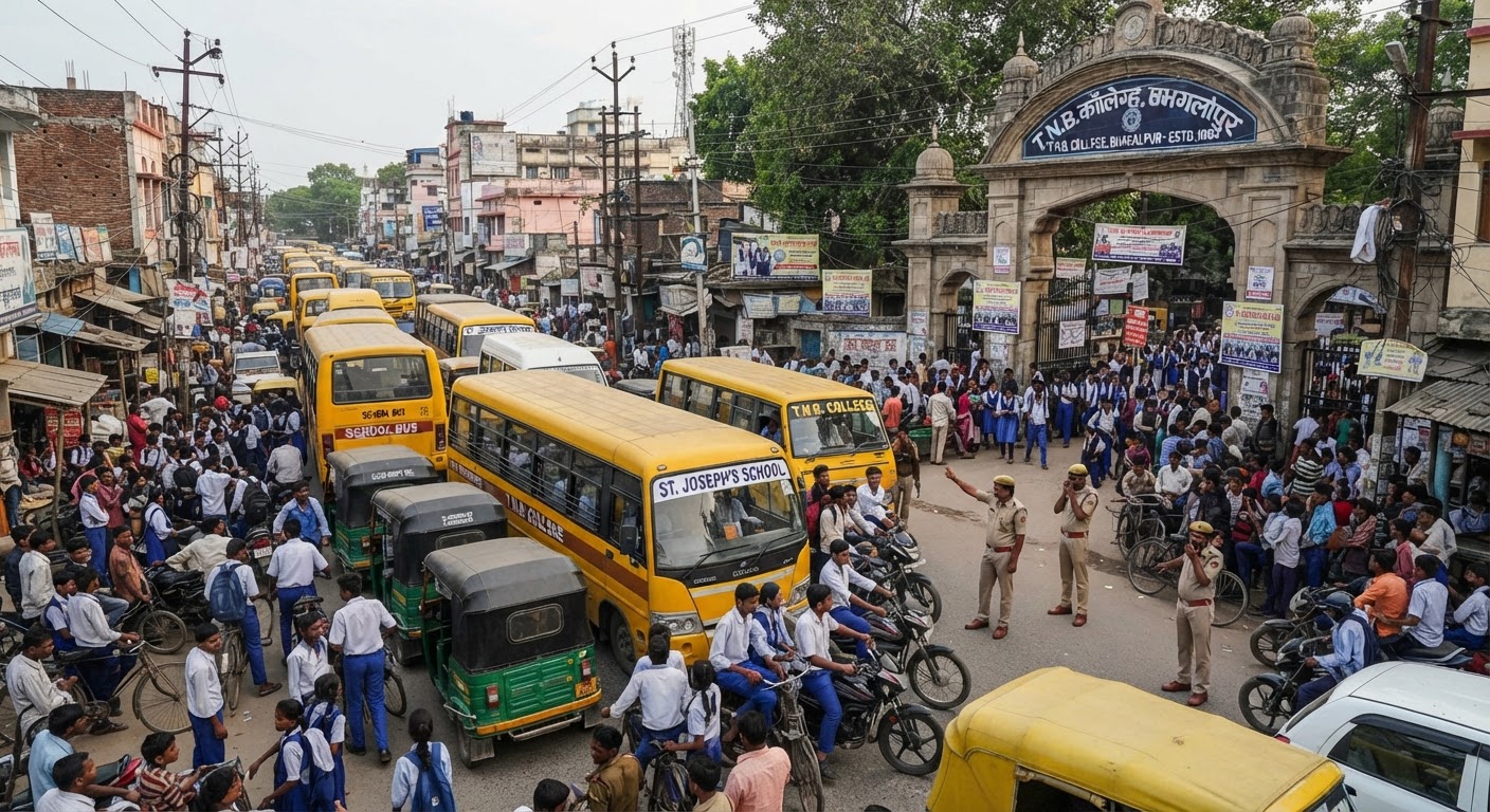 भागलपुर टीएनबी कॉलेज गेट पर लगा भयंकर जाम, छात्र और वाहन फंसे