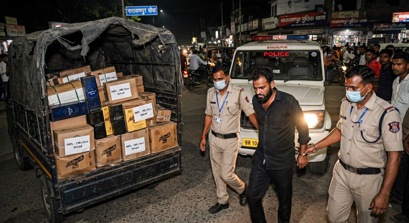 भागलपुर के नारायणपुर में पकड़ा गया शराब तस्कर, 198 लीटर विदेशी शराब जब्त