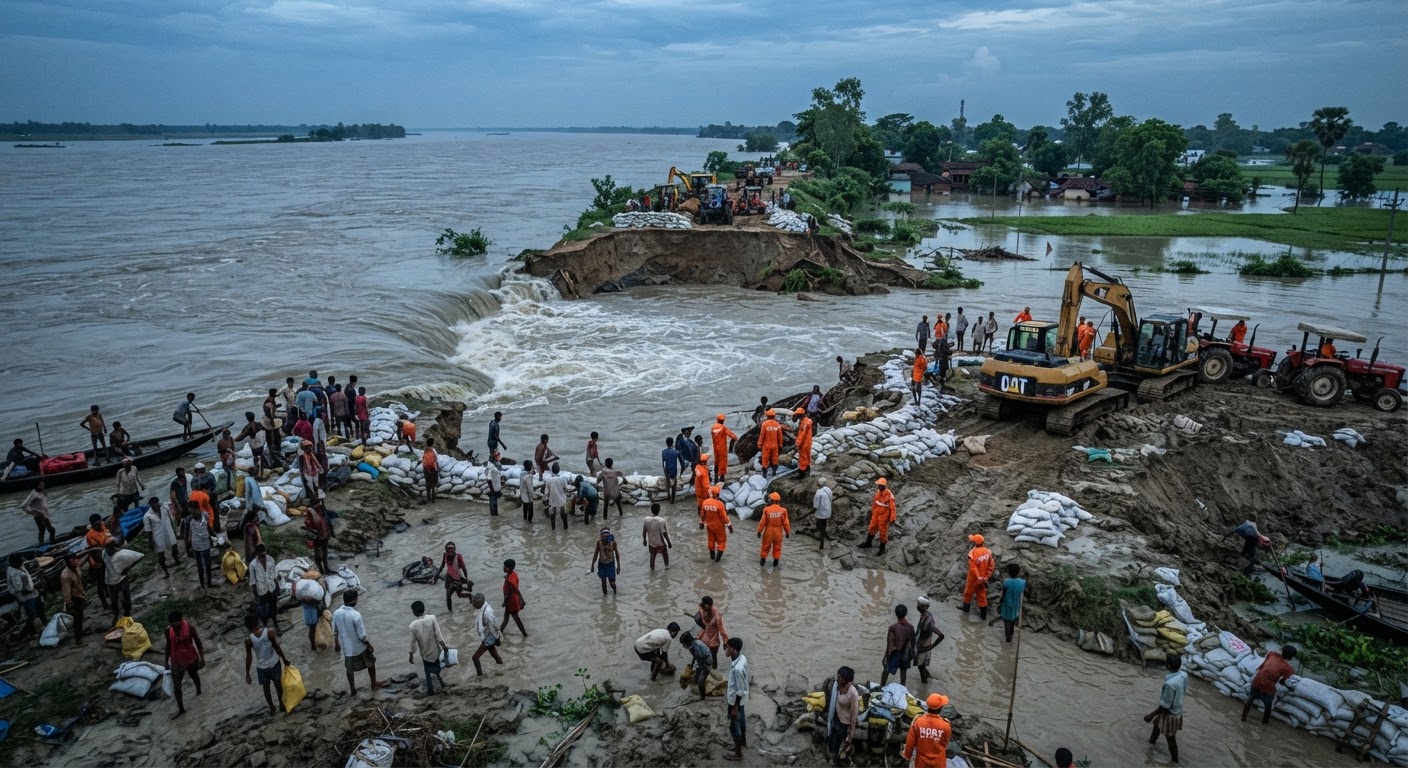 भागलपुर में गंगा नदी का तटबंध टूटा, बाढ़ से बचाव कार्य जारी