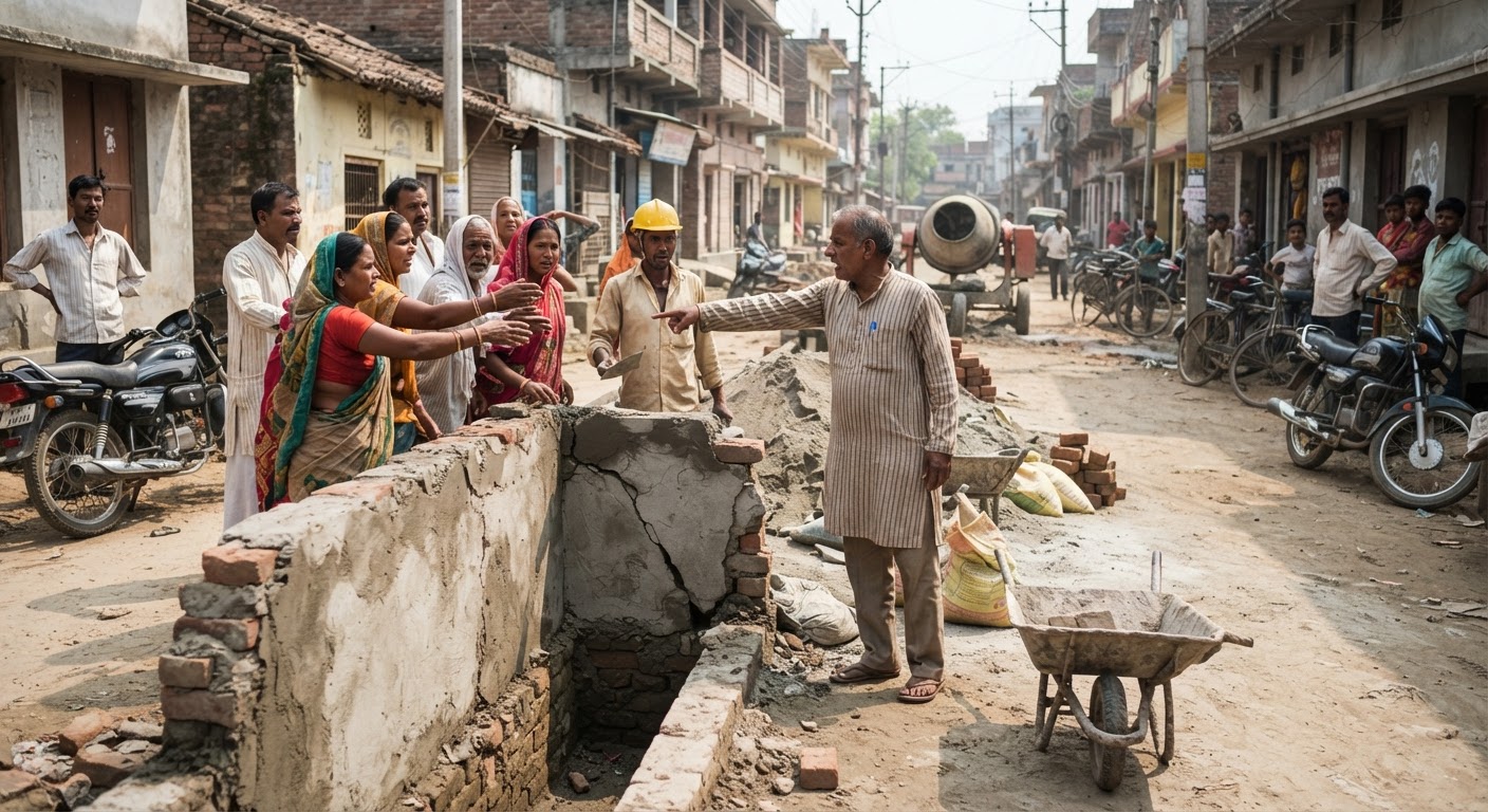 भागलपुर में 30 लाख के नाले का काम बंद, घटिया निर्माण पर भड़के लोग
