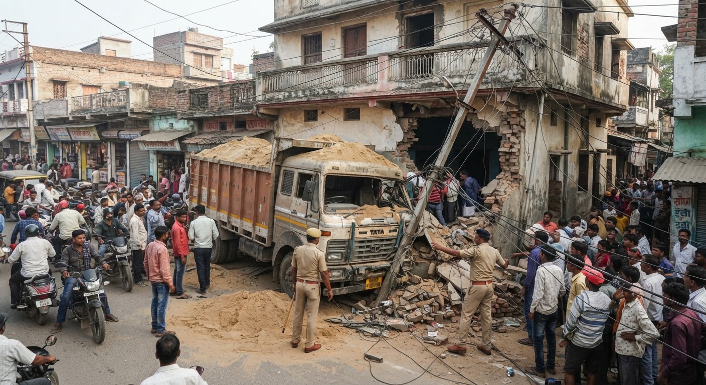 बड़ी खबर: भागलपुर में बेकाबू बालू लदा ट्रक घर और खंभे से टकराया