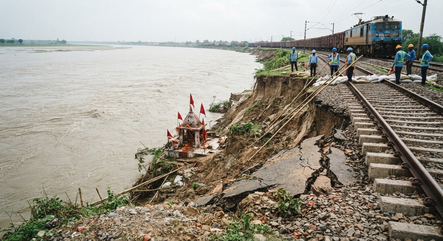 भागलपुर रेलवे लाइन के पास गंगा का कटाव जारी, लोगों की बढ़ी चिंता