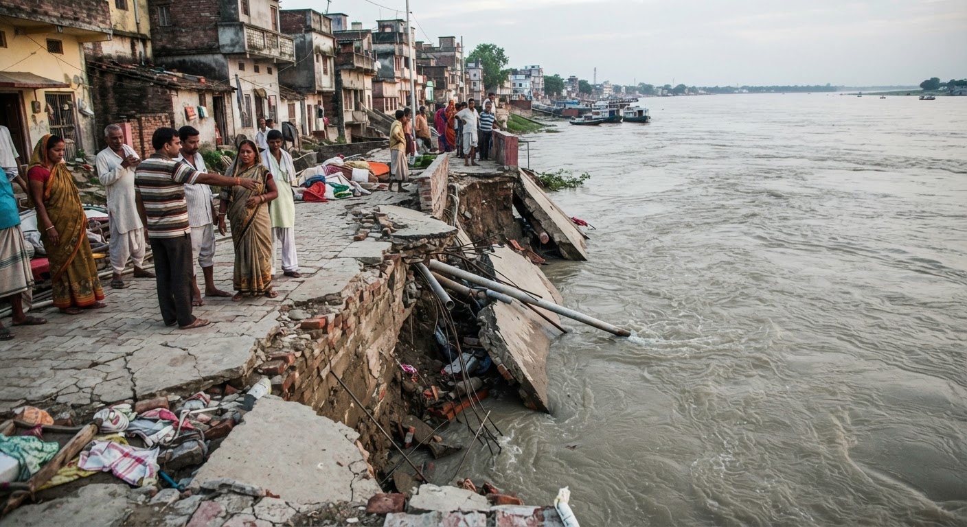 भागलपुर में गंगा का भीषण कटाव, मणिक सरकार घाट पर मंडराया बड़ा खतरा