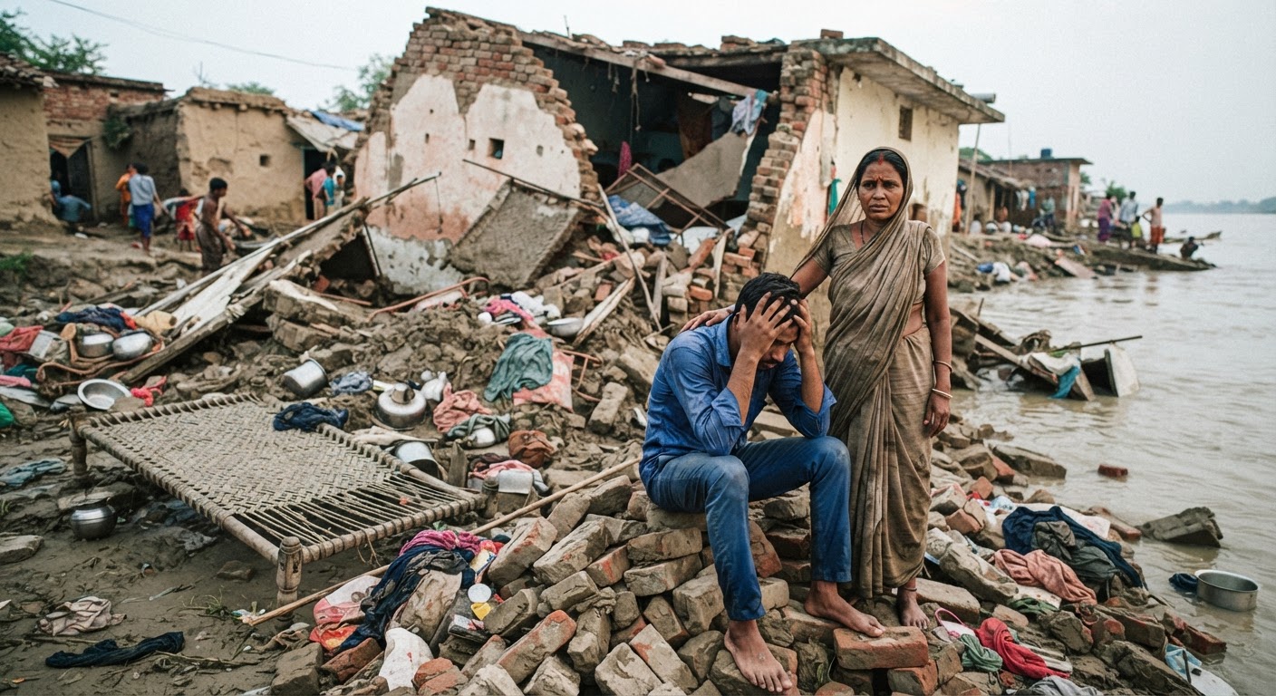 गंगा नदी के कटाव से सबौर के इंग्लिश बस्ती में नवविवाहित जोड़े का घर बर्बाद