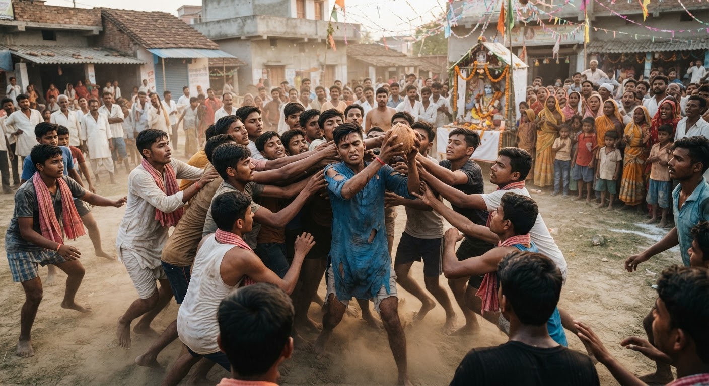 दिघलबैंक में श्री कृष्ण जन्माष्टमी पर पारंपरिक नारियल खेल का आयोजन, युवाओं ने दिखाया दम