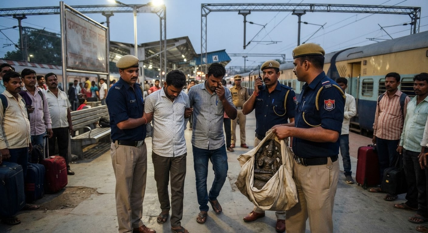 भागलपुर रेलवे स्टेशन पर दो गिरफ्तार, 1590 ग्राम की अष्टधातु की मूर्ति बरामद