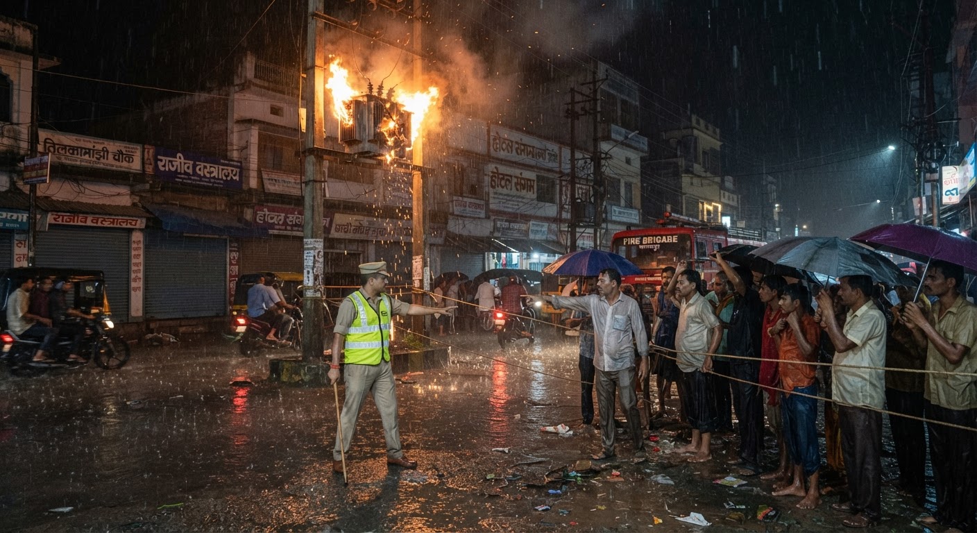 भागलपुर में भारी बारिश के बाद ट्रांसफार्मर में लगी भीषण आग, मचा हड़कंप