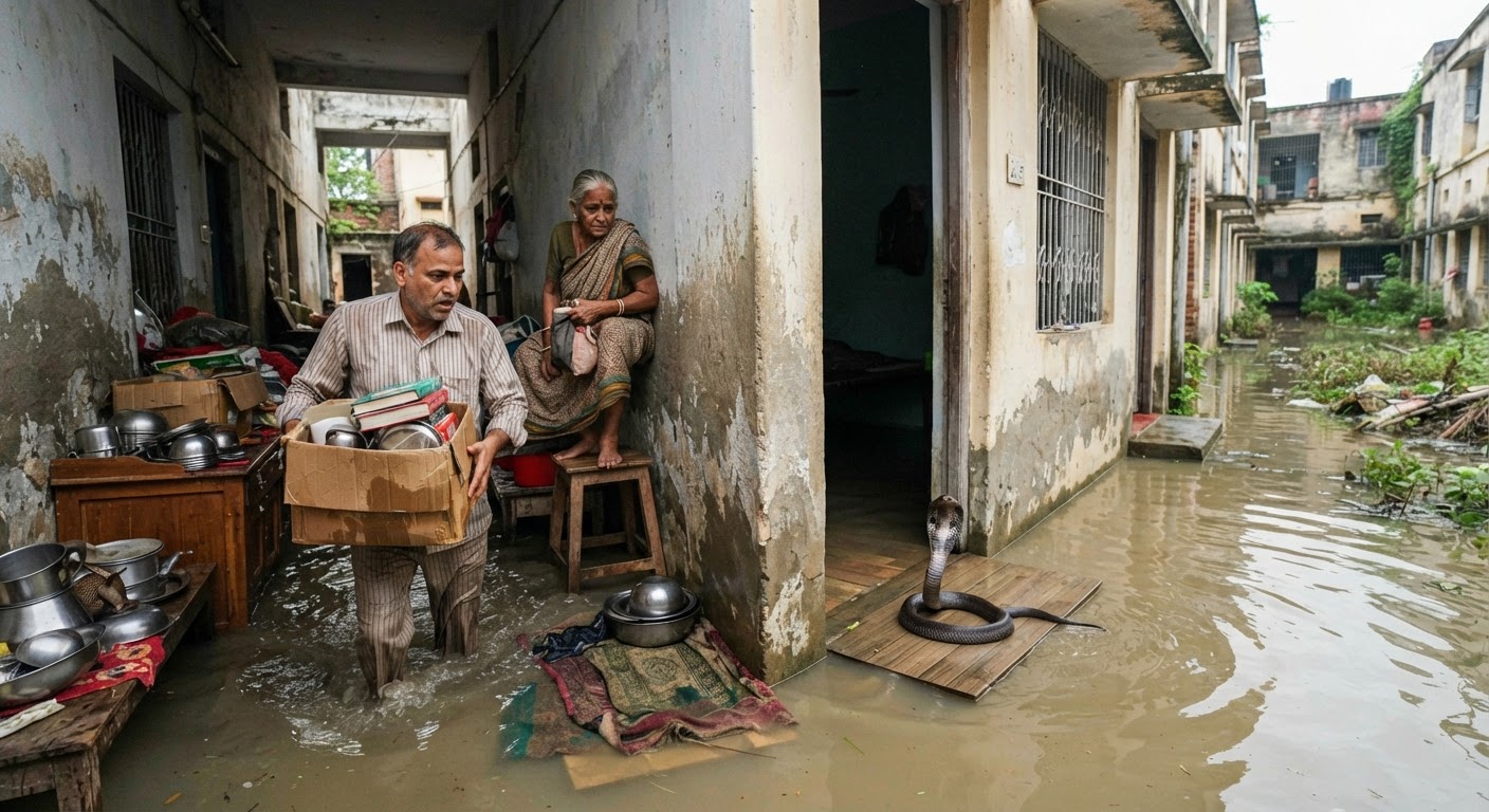 भागलपुर टीएमबीयू में बाढ़ का कहर, शिक्षकों के घरों में घुसा पानी और कोबरा सांप