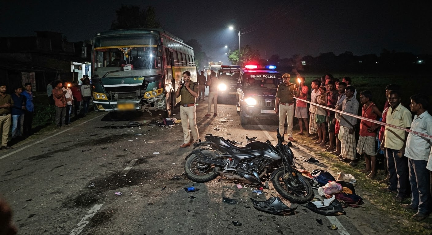 दर्दनाक हादसा! भागलपुर में तेज रफ्तार बस और बाइक की टक्कर में तीन दोस्तों की मौत