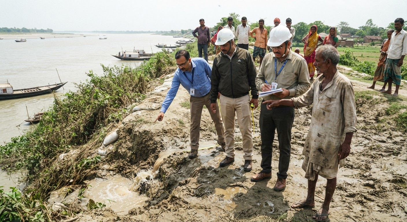 भागलपुर के महादेवपुर घाट पर गंगा का पानी रिसाव, अधिकारियों ने किया निरीक्षण