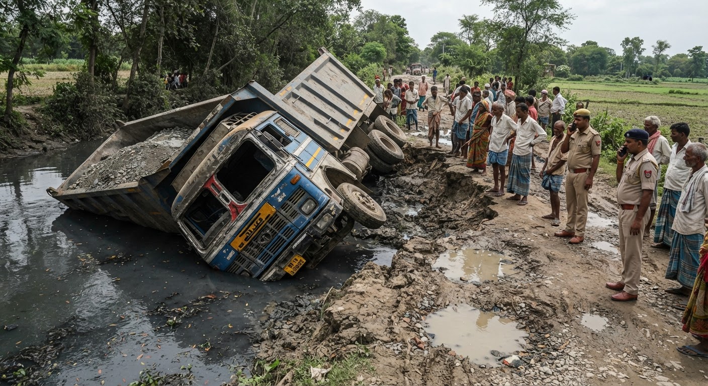 भागलपुर में बड़ा हादसा: बालू-पत्थर से लदा ट्रक पलटा, स्थानीय लोग परेशान