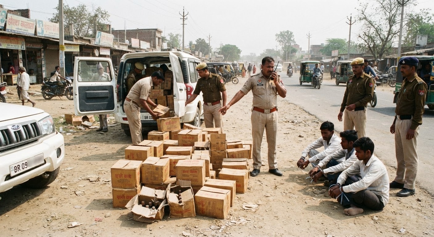 लखीसराय में मद्य निषेध विभाग की बड़ी कार्रवाई, 63 कार्टून अवैध शराब जब्त और तीन गिरफ्तार