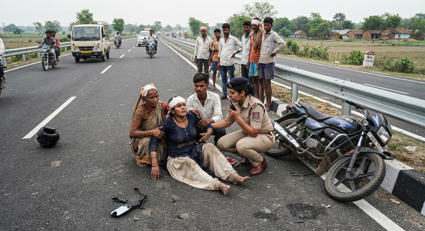 भागलपुर फोरलेन पर चलती बाइक से साड़ी फंसकर गिरी महिला, गंभीर रूप से घायल