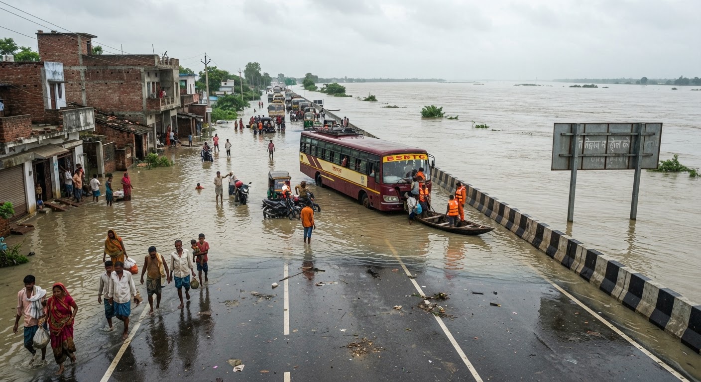 भागलपुर में बाढ़ से तबाही, एनएच-80 और फोरलेन पर यातायात ठप
