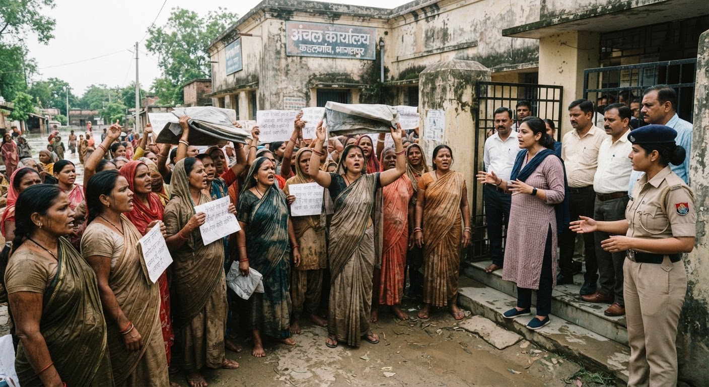 भागलपुर में बाढ़ पीड़ितों का हंगामा, राहत सामग्री के लिए महिलाओं का अंचल कार्यालय पर प्रदर्शन