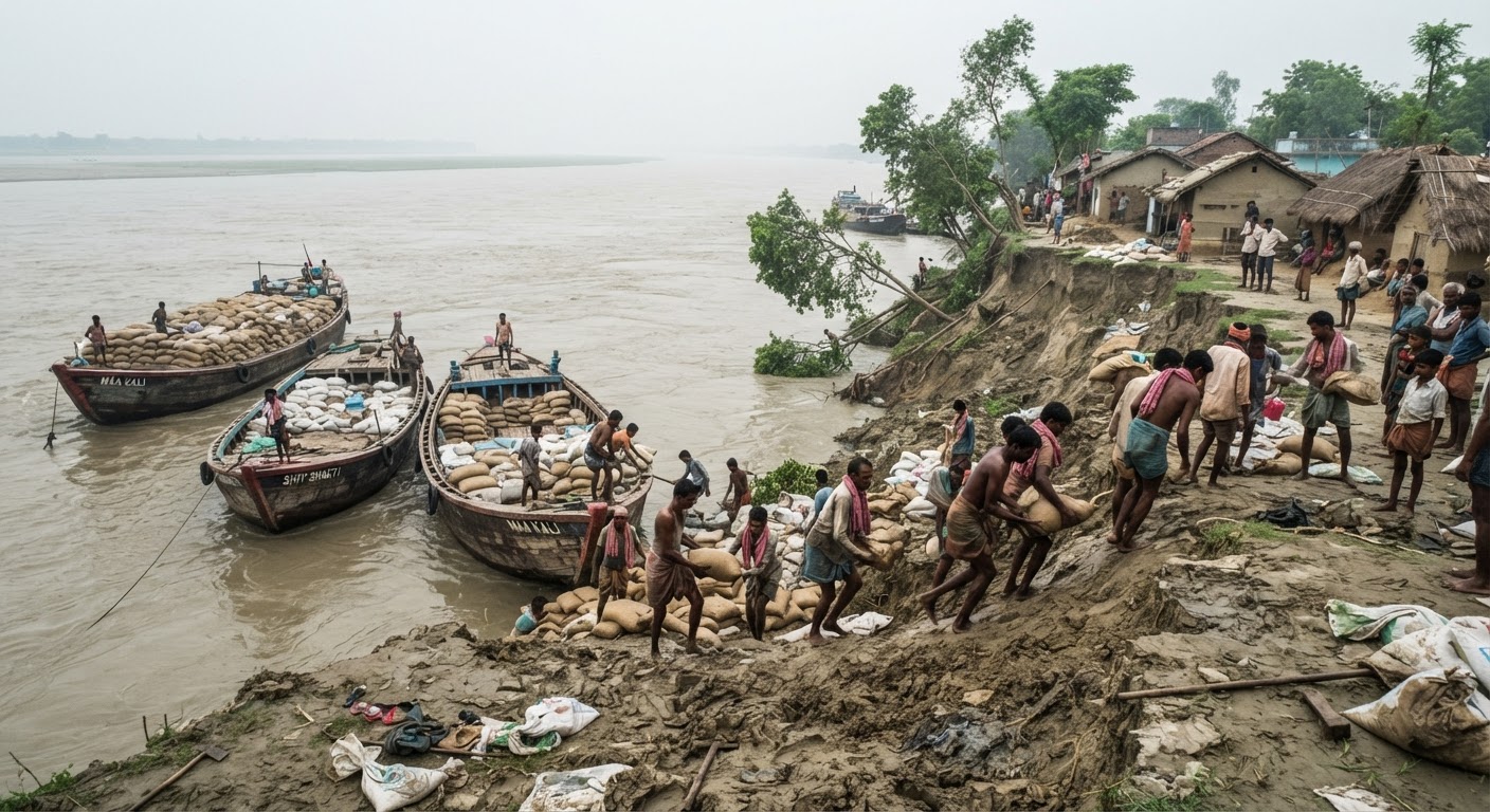 भागलपुर के राघोपुर में गंगा कटाव रोकने के लिए बड़े मालवाहक जहाज तैनात