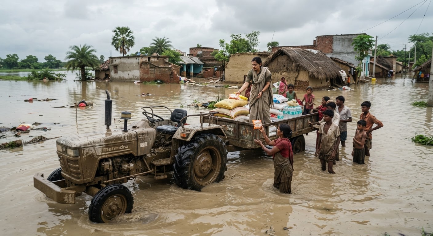 भागलपुर में ट्रैक्टर पर सवार होकर बाढ़ पीड़ितों तक राहत पहुंचा रहीं कोरल हर्षा कोमल