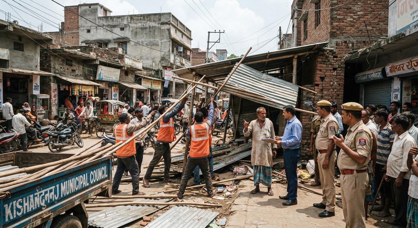 किशनगंज में ट्रैफिक जाम हटाने के लिए नगर परिषद का बड़ा बुलडोजर एक्शन