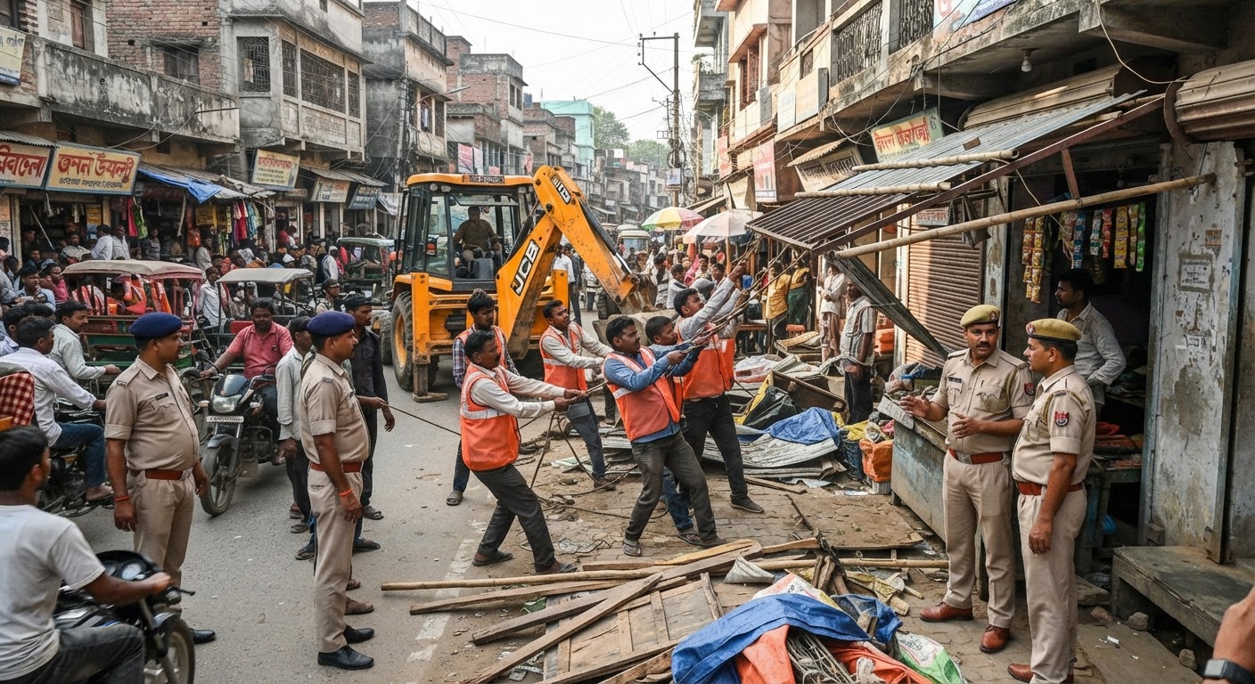 किशनगंज में ट्रैफिक जाम हटाने के लिए प्रशासन ने चलाया बड़ा बुलडोजर अभियान