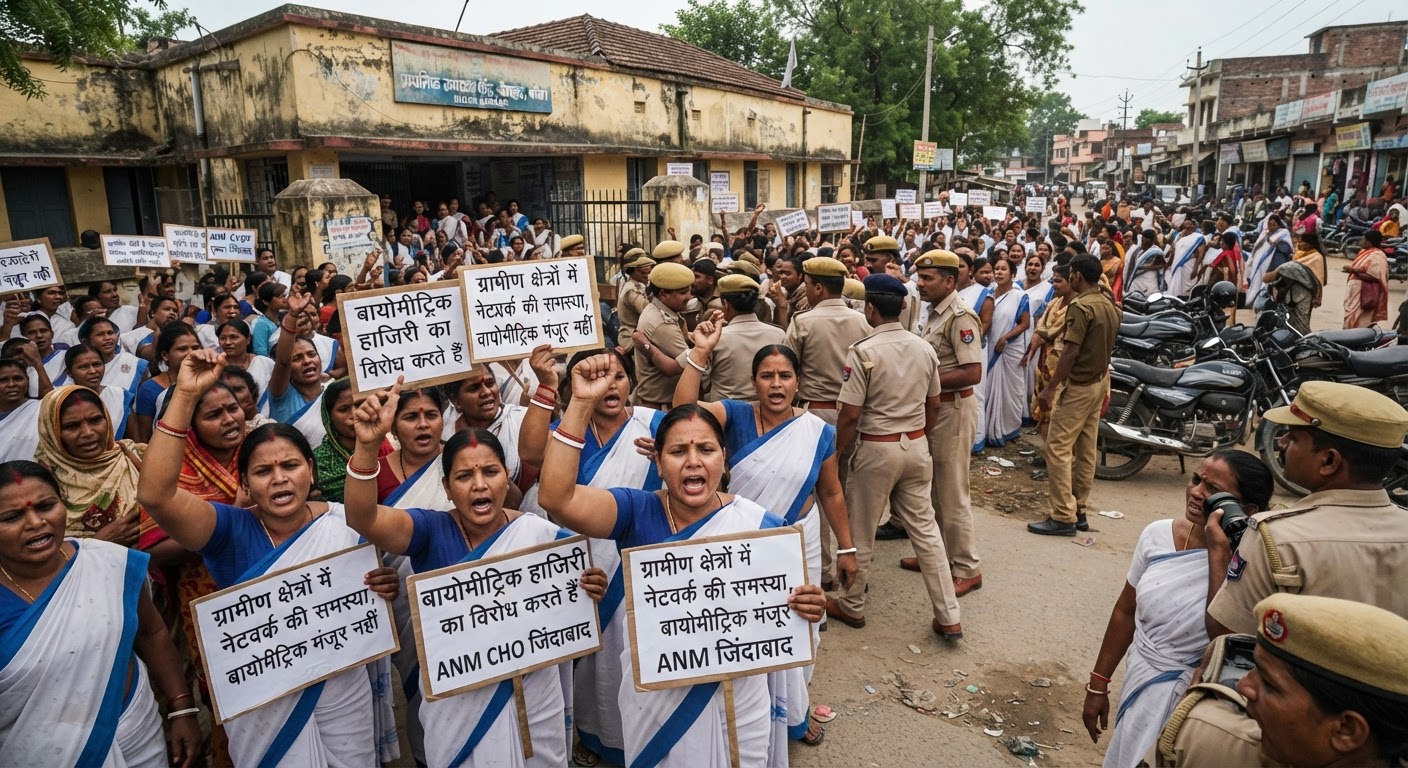 बेलहर में बायोमेट्रिक हाजिरी के विरोध में ANM और CHO का जोरदार प्रदर्शन