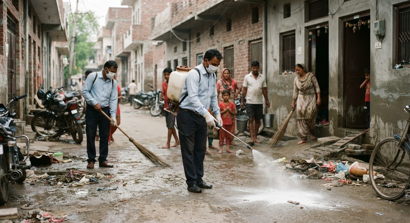 अकबरनगर में बाढ़ के पानी के उतरते ही ब्लीचिंग पाउडर का छिड़काव शुरू