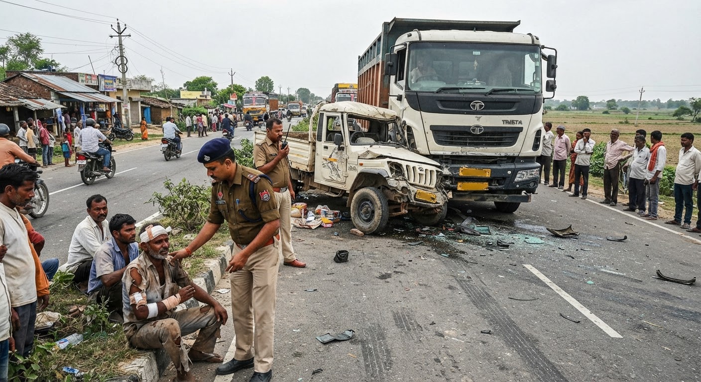 खगड़िया में एनएच 31 पर ट्रक और पिकअप की भयानक टक्कर, दो लोग गंभीर रूप से घायल