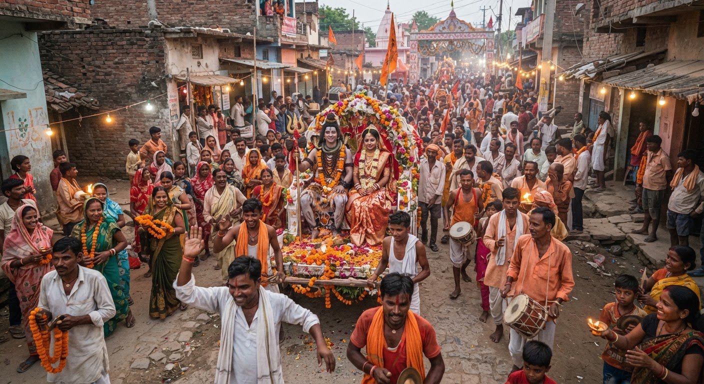 श्रीमद भागवत कथा का समापन, शिव-पार्वती की बारात ने मोहा मन