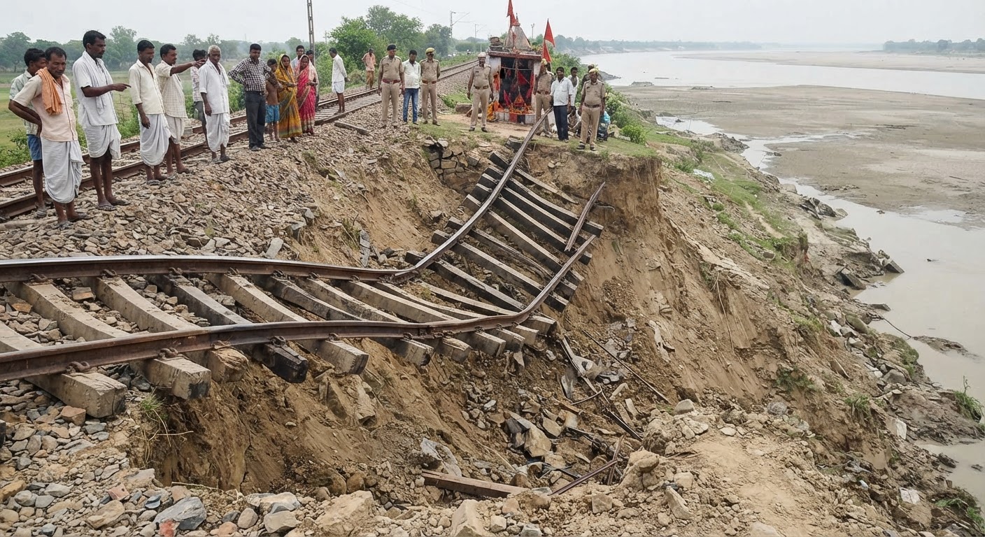 भागलपुर के रघुपुर में गंगा नदी का जलस्तर घटने से धंसा पुराना रेलवे बांध
