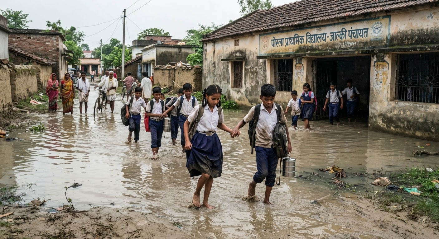 कटेयार में स्कूल के पास जलभराव से बच्चों की जान जोखिम में