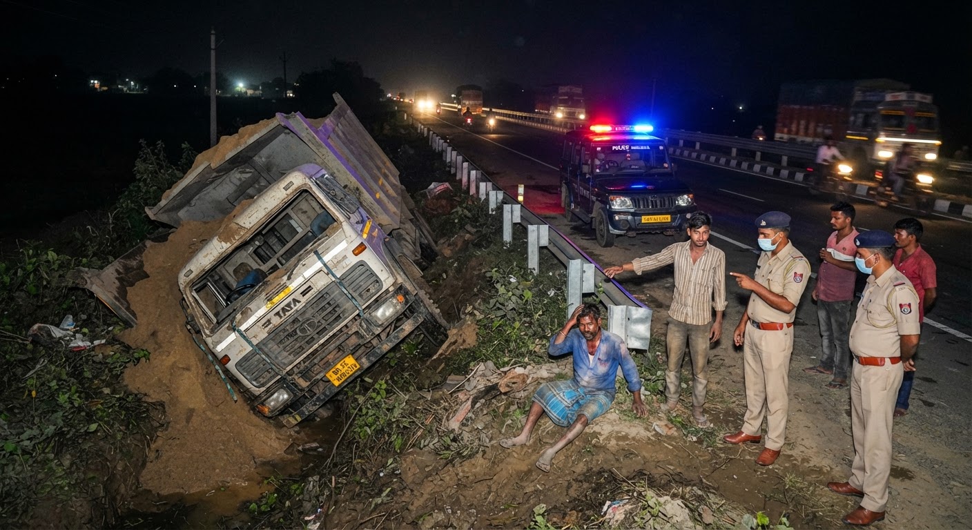 खगड़िया में NH-31 पर पलटा बालू लदा ट्रक, चालक और खलासी सुरक्षित