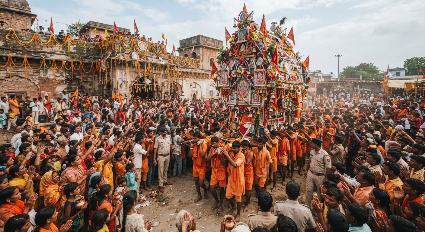 विशाल 108 फीट लंबी कांवड़ यात्रा पहुंची ब्रजलेश्वरनाथ धाम, उमड़ी भारी भीड़