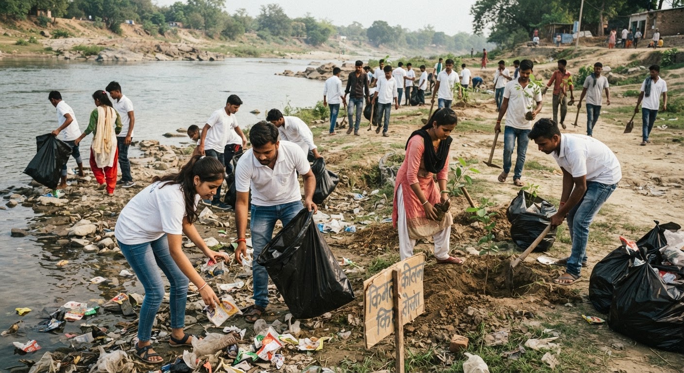 जमुई: किउल नदी को स्वच्छ बनाने उतरे युवा, घाट से हटाया 1 टन कचरा, लगाए पौधे