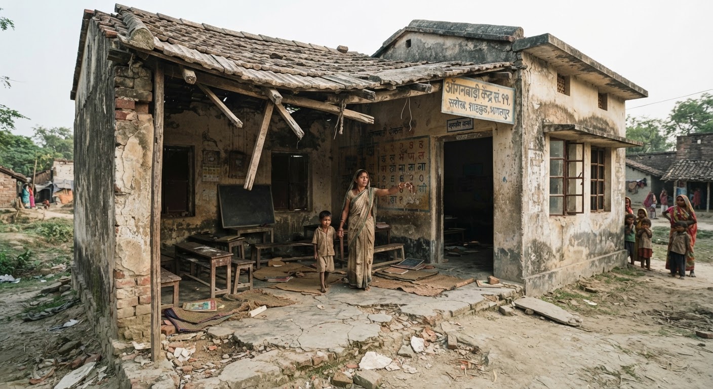शकुंत में जर्जर आंगनबाड़ी केंद्र बना खतरा, बच्चों की जान जोखिम में