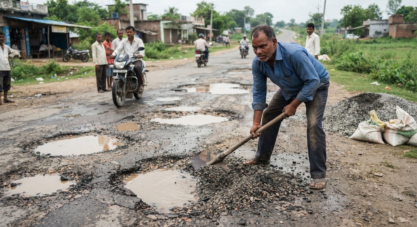 अरे वाह! व्यवसायी ने खुद ठीक किए एनएच 333 के खतरनाक गड्ढे