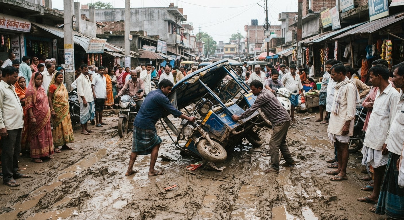 सावधान! फुलबड़िया मार्केट की सड़क बनी जानलेवा, मरम्मत के नाम पर बिछाई गई रेत से पलटा टोटो