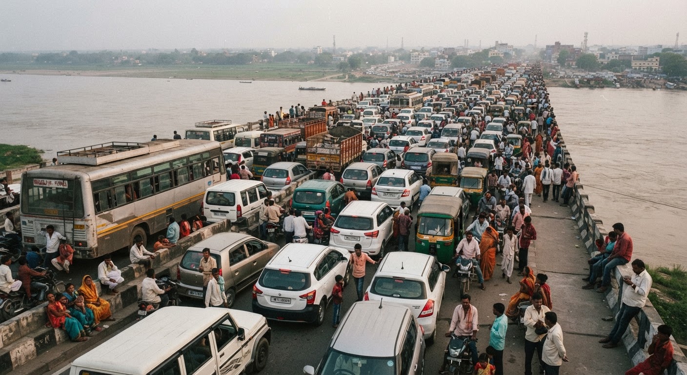 विक्रमशिला सेतु पर 16 घंटे से भीषण जाम, जानिए क्या है हाल