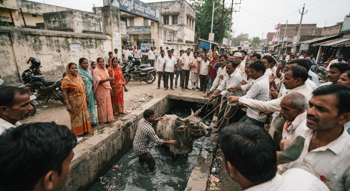 बड़ी लापरवाही! जमुई नगर परिषद गेट के पास खुले नाले में गिरी गाय, लोगों का फूटा गुस्सा