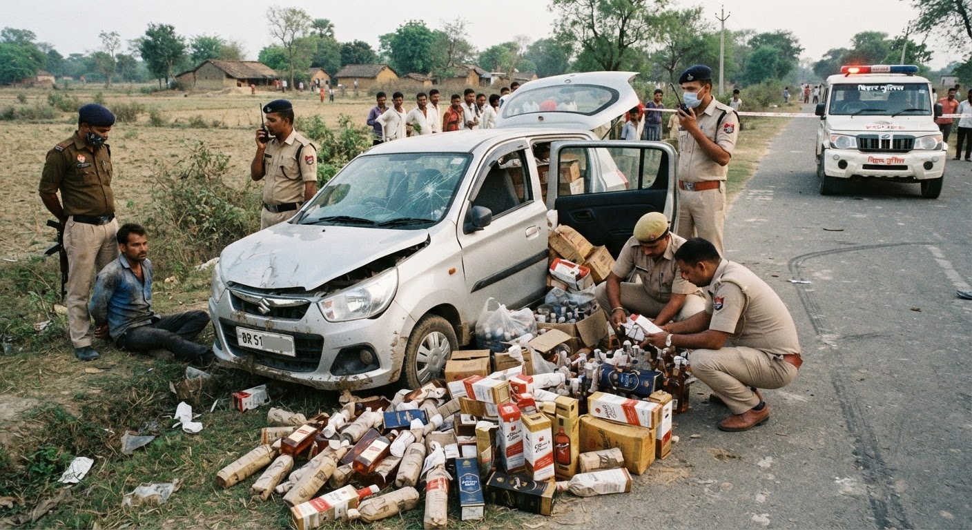 बांका में दुर्घटनाग्रस्त कार से भारी मात्रा में अंग्रेजी शराब बरामद, एक गिरफ्तार