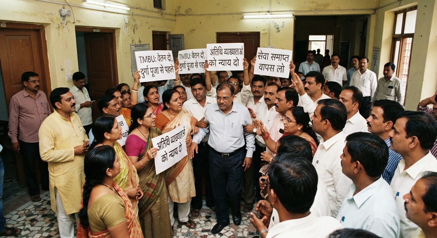 TMBU के हटाए गए गेस्ट शिक्षकों का हंगामा, दुर्गा पूजा से पहले बकाये वेतन की मांग