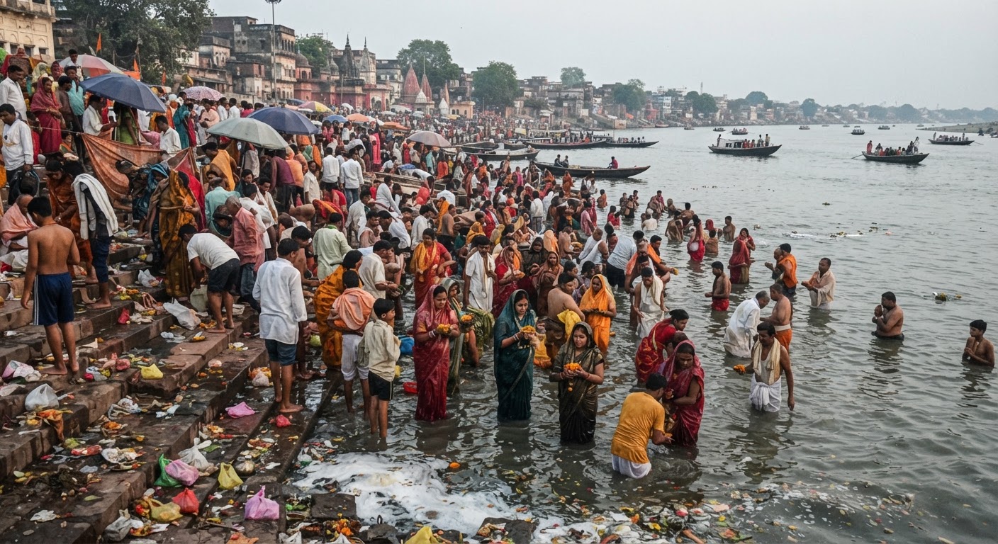 शारदीय नवरात्रि के पहले दिन बरारी सीढ़ी घाट पर उमड़ी भारी भीड़