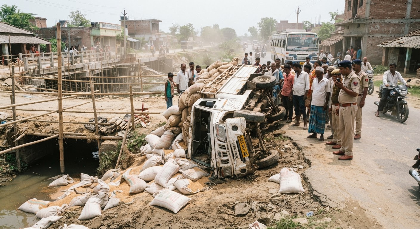भागलपुर में गंदे हादसे से बची जान, गेहूं लदा मिनी ट्रक पलटा
