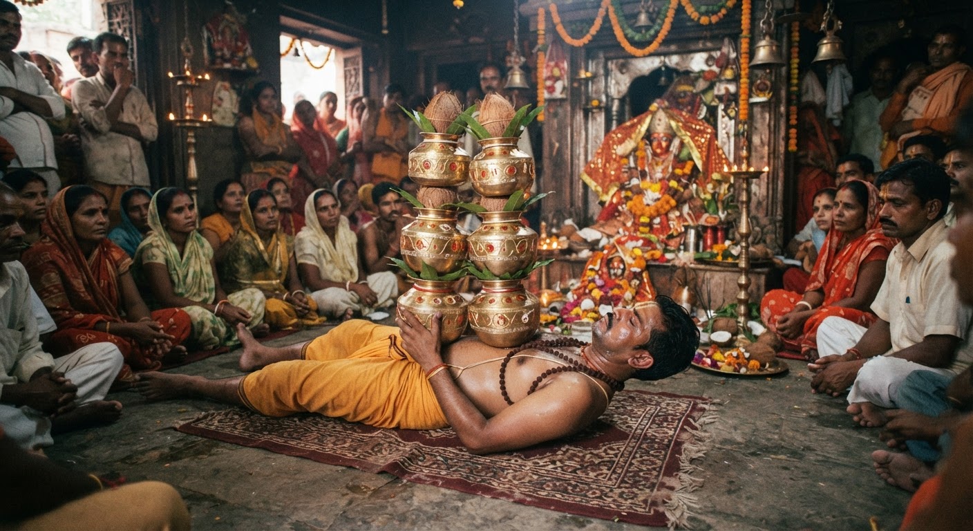 अद्भुत भक्ति: छाती पर चार कलश रखकर अनुष्ठान कर रहे भागलपुर के मिथुन मंडल
