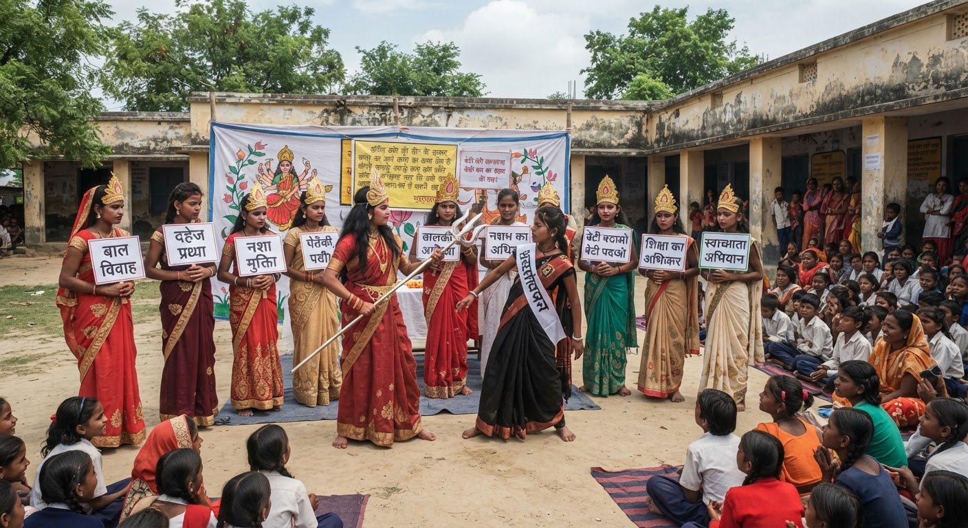 भागलपुर के स्कूल में दिखा अनोखा नजारा, बच्चों ने मां दुर्गा के रूप में किया सामाजिक कुरीतियों का विरोध