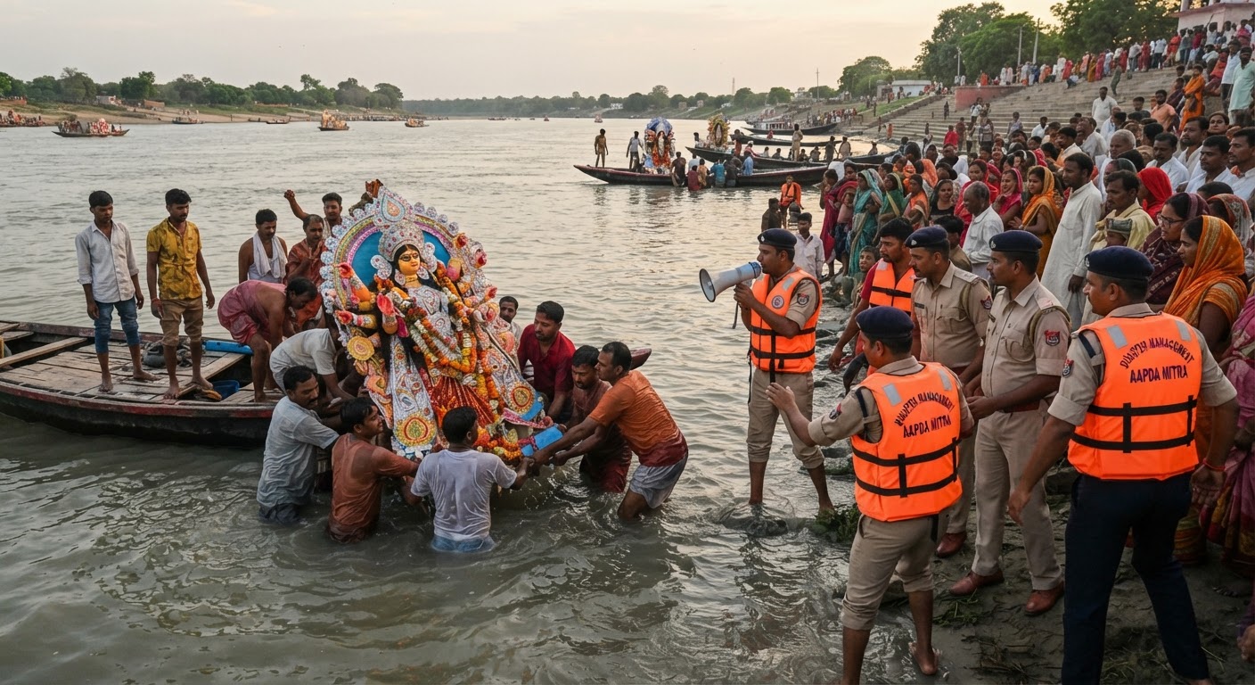 लखीसराय में हो रहा मां दुर्गा की प्रतिमाओं का विसर्जन, सुरक्षा में मुस्तैद आपदा मित्र